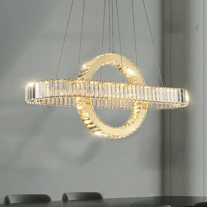 Lustre LED moderne en acier doré avec cristaux et câble ajustable