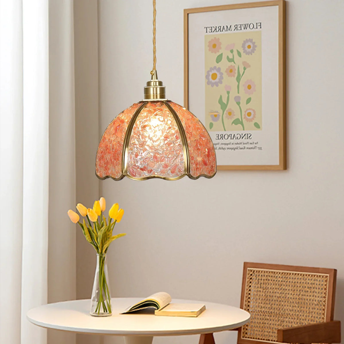 Suspension de luxe en cuivre et cristal naturel à LED