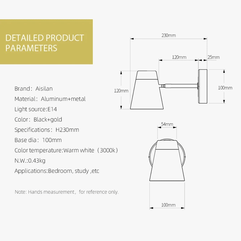 Aisilan - Applique murale de luxe remplaçable 5W E14 - Brossé noir et doré - Anti-éblouissement Rotation - Pour chambre et étude | Marco Lucetti