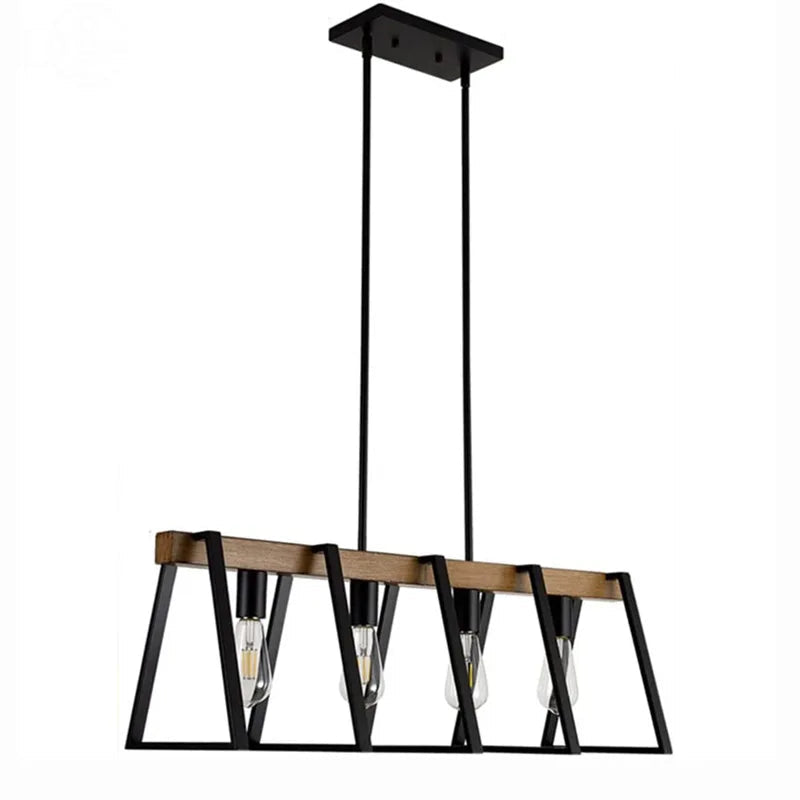 Lustre Américain Vintage Industriel 4 têtes Fer Art Imitation Bois Grain - Idéal pour Restaurant, Cuisine, Café, Bar et Comptoir