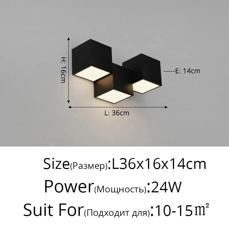 Applique Murale Gradation Simple Noir Blanc Carré - Nouveau Moderne LED pour Salon Salle à Manger Chambre Chevet Allée Hall Lumières Éclairage Intérieur | Marco Lucetti C Noir 3 Têtes / Luminosité variable