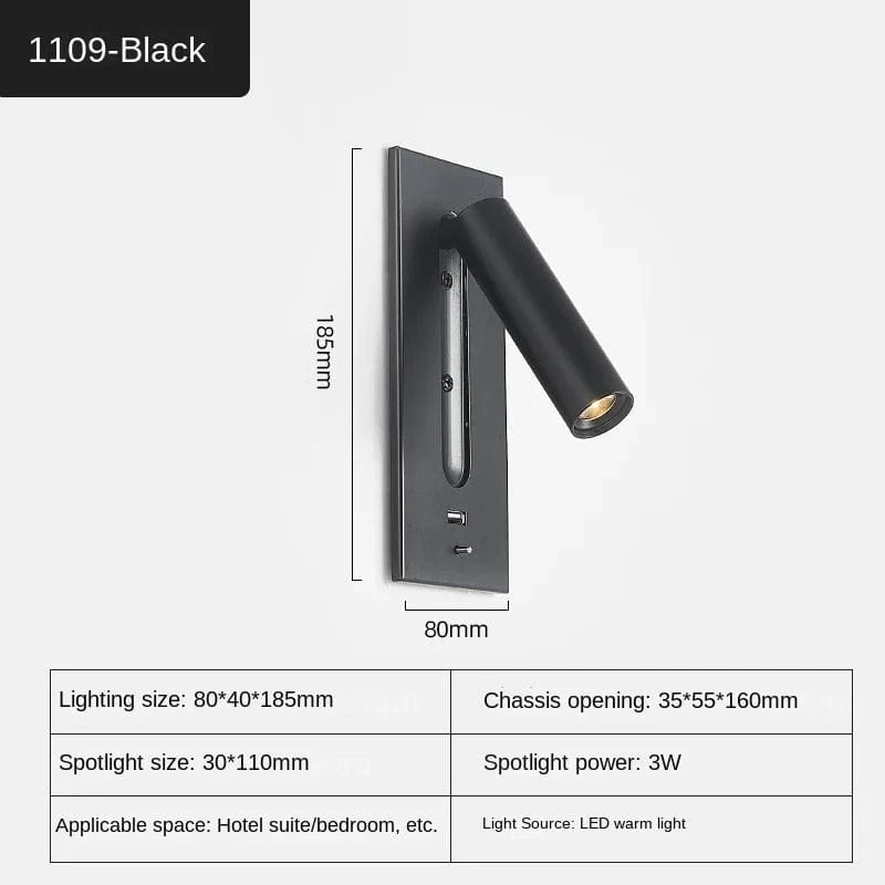 Applique murale intérieure 110-240V 3W avec port de chargement USB | Marco Lucetti 1109-noir