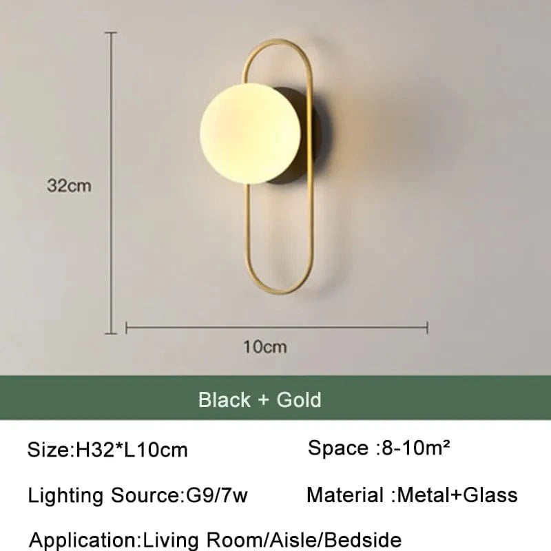 Applique murale LED boule de verre nordique - Luminaire mural LED Scandinave  | Marco Lucetti D Or Noir 7w 32cm / Blanc chaud
