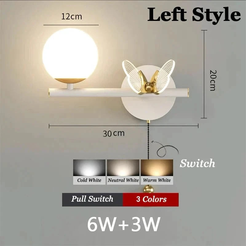 Applique murale LED en verre papillon au design nordique contemporain | Marco Lucetti Commutateur de style gauche A / Trois couleurs