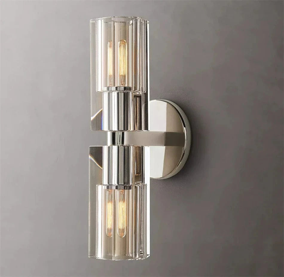 Applique murale LED Moderne en Cristal Clair et Nickel Laiton | Marco Lucetti Corps de lampe chromé / L114xP127xH330mm / Blanc froid (5 500-7 000 K).