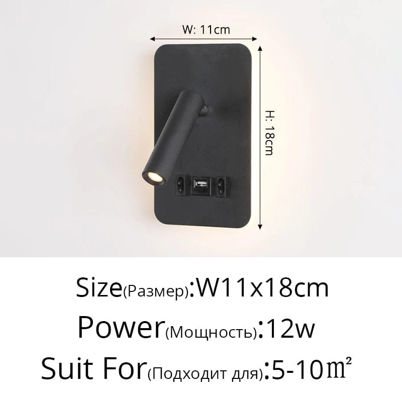 Applique murale LED noir et blanc minimaliste pour chambre d'hôtel avec interrupteur de projecteur | Marco Lucetti