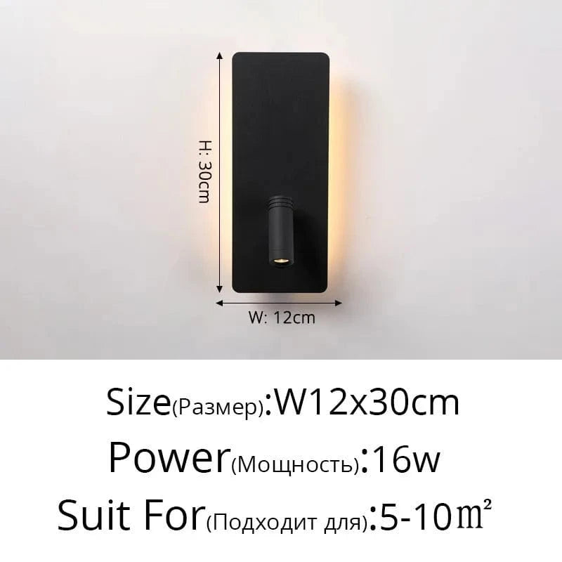 Applique murale LED noir et blanc minimaliste pour chambre d'hôtel avec interrupteur de projecteur | Marco Lucetti Noir D L12x30cm