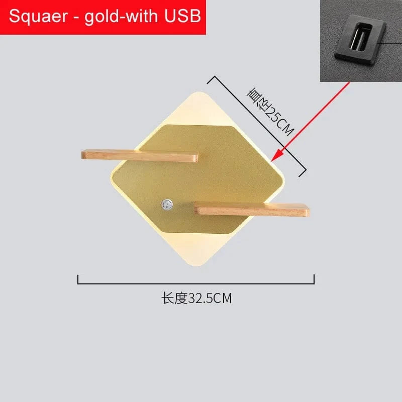 Applique murale LED nordique, design avec étagère intégrée et chargeur USB | Marco Lucetti USB carré doré / CHINE / Blanc chaud (2700-3500K) | 11W