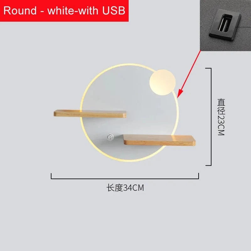 Applique murale LED nordique, design avec étagère intégrée et chargeur USB | Marco Lucetti USB rond blanc / CHINE / Blanc chaud (2700-3500K) | 11W