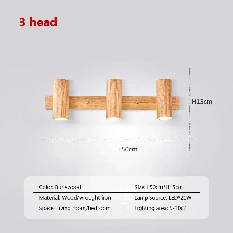 Applique murale LED nordique en bois multi-angle réglable - Projecteur de lumière pour chambres, salons et études Den | Marco Lucetti WL588 Burlywood 3H / Blanc froid