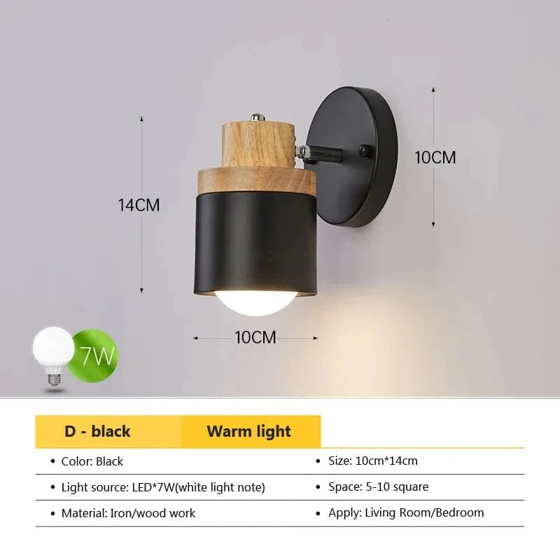 Applique murale LED nordique en bois - Style minimaliste | Marco Lucetti WL555C Noir / Blanc froid