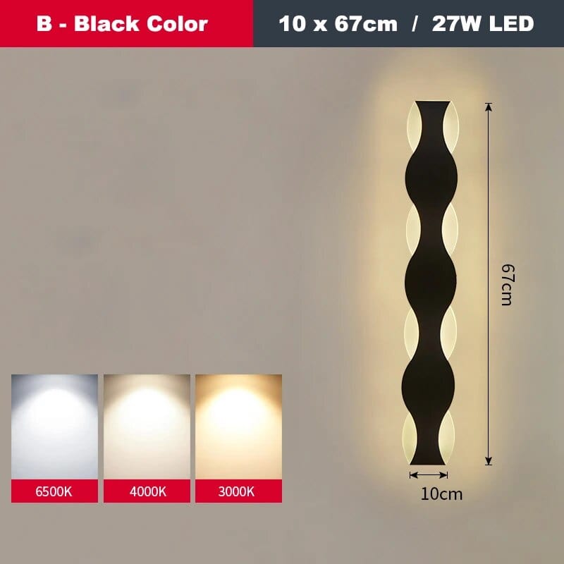 Applique murale LED Vague pour Couloir Intérieur | Marco Lucetti B Noir 10x67cm / Blanc chaud (2700-3500K)