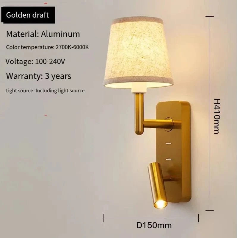 Applique murale Luxe Texturée pour Chambre avec Liseuse Murale Intégrée et Protection des Yeux LED | Marco Lucetti Or vertical / Blanc froid (5 500-7 000 K).