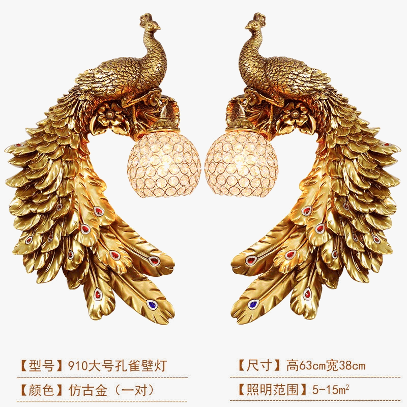 Applique Murale Moderne Vintage en Résine de Paon Dorée | Marco Lucetti