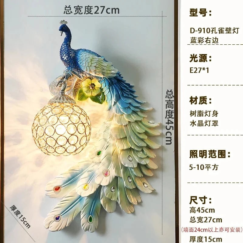 Applique Murale Moderne Vintage en Résine de Paon Dorée | Marco Lucetti 45cm Bleu droite