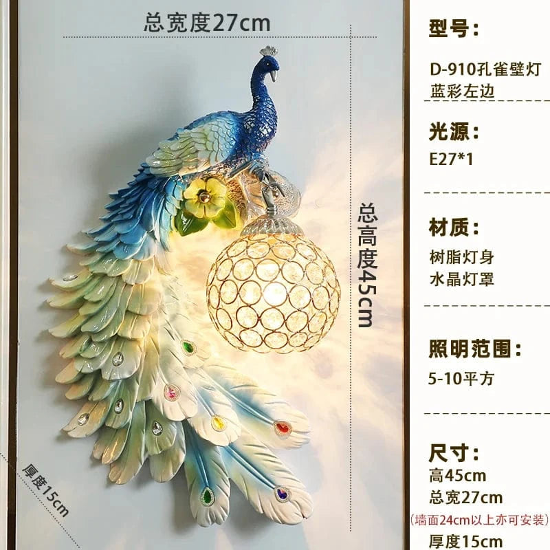 Applique Murale Moderne Vintage en Résine de Paon Dorée | Marco Lucetti 45cm Bleu gauche