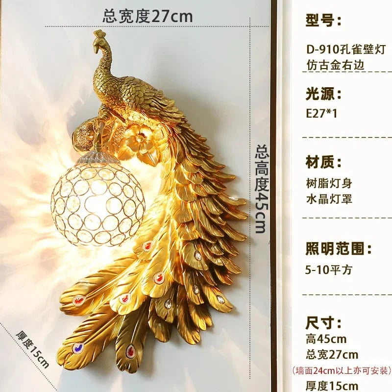 Applique Murale Moderne Vintage en Résine de Paon Dorée | Marco Lucetti 45cm Or à droite