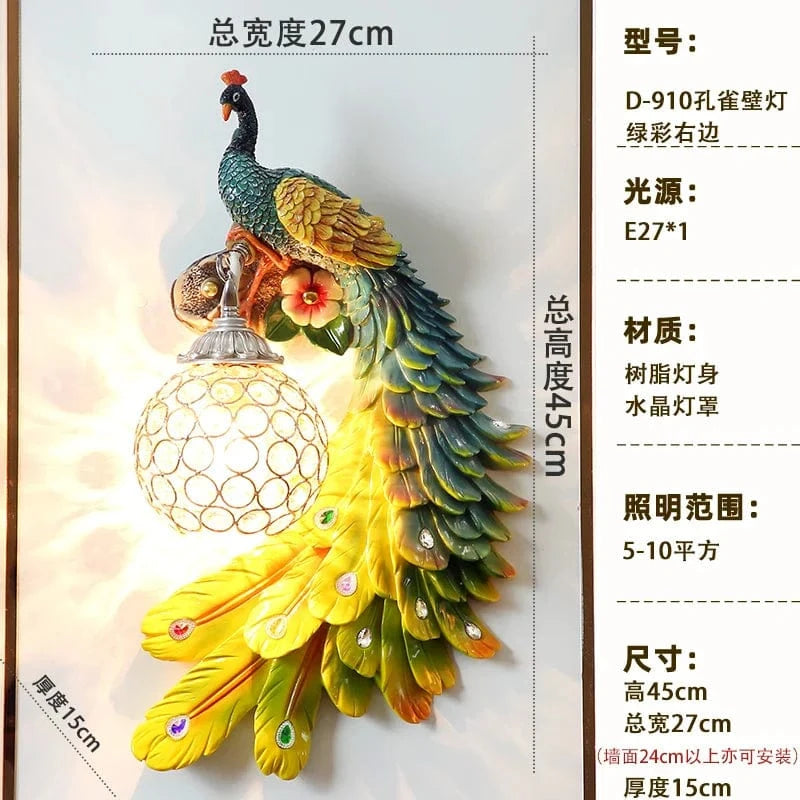 Applique Murale Moderne Vintage en Résine de Paon Dorée | Marco Lucetti 45cm Vert droit