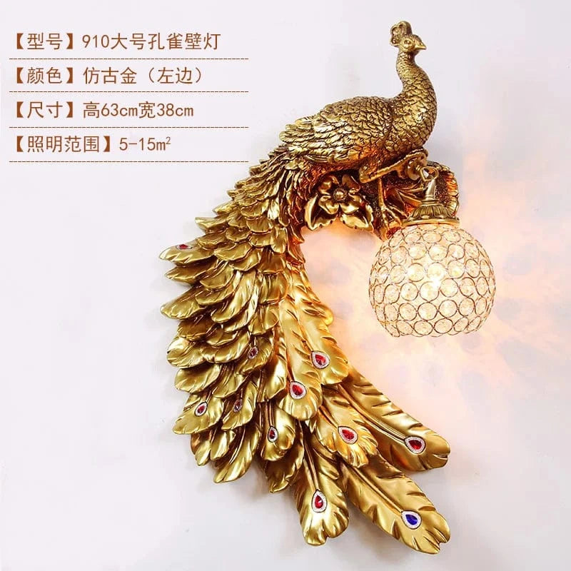 Applique Murale Moderne Vintage en Résine de Paon Dorée | Marco Lucetti 63cm Or à gauche