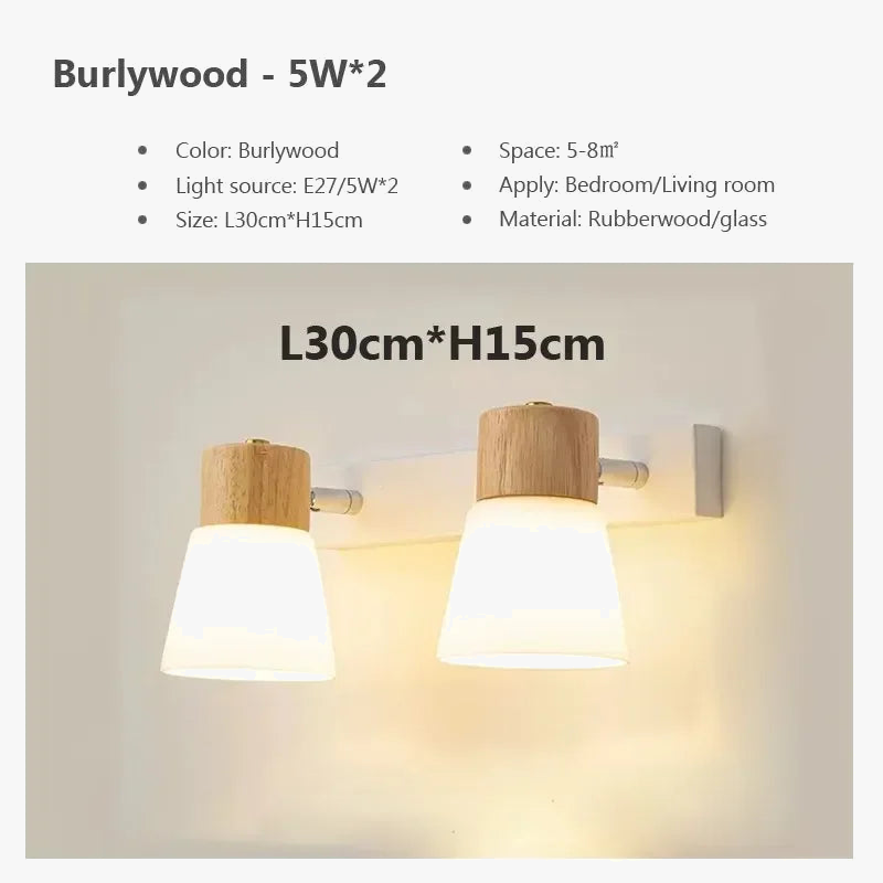 Applique murale nordique LED Double tête, bois et verre
