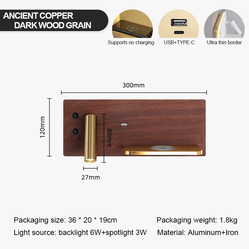 Applique Murale USB LED Charge Sans Fil Or Luxe - Pour Lecture et Ambiance Maison, Hôtel, Chambre ou Salon | Marco Lucetti