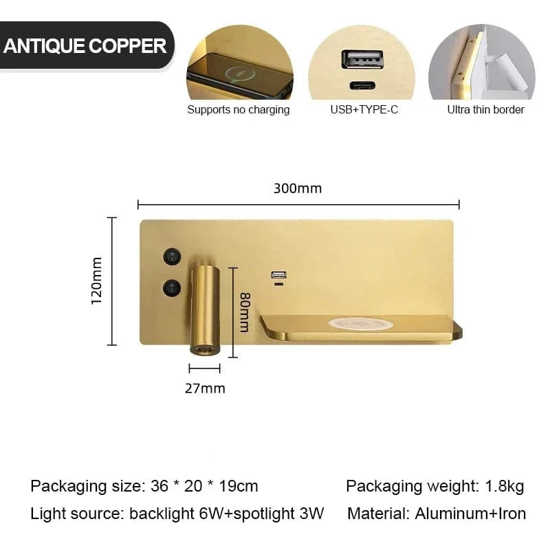 Applique Murale USB LED Charge Sans Fil Or Luxe - Pour Lecture et Ambiance Maison, Hôtel, Chambre ou Salon | Marco Lucetti Applique E / Côté gauche