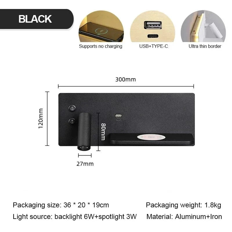 Applique murale USB LED sans fil de luxe multi-fonction avec interrupteur | Marco Lucetti Applique Noir / Côté droit