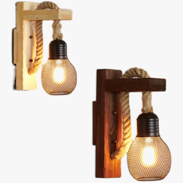Applique murale industrielle vintage en bois avec corde de chanvre