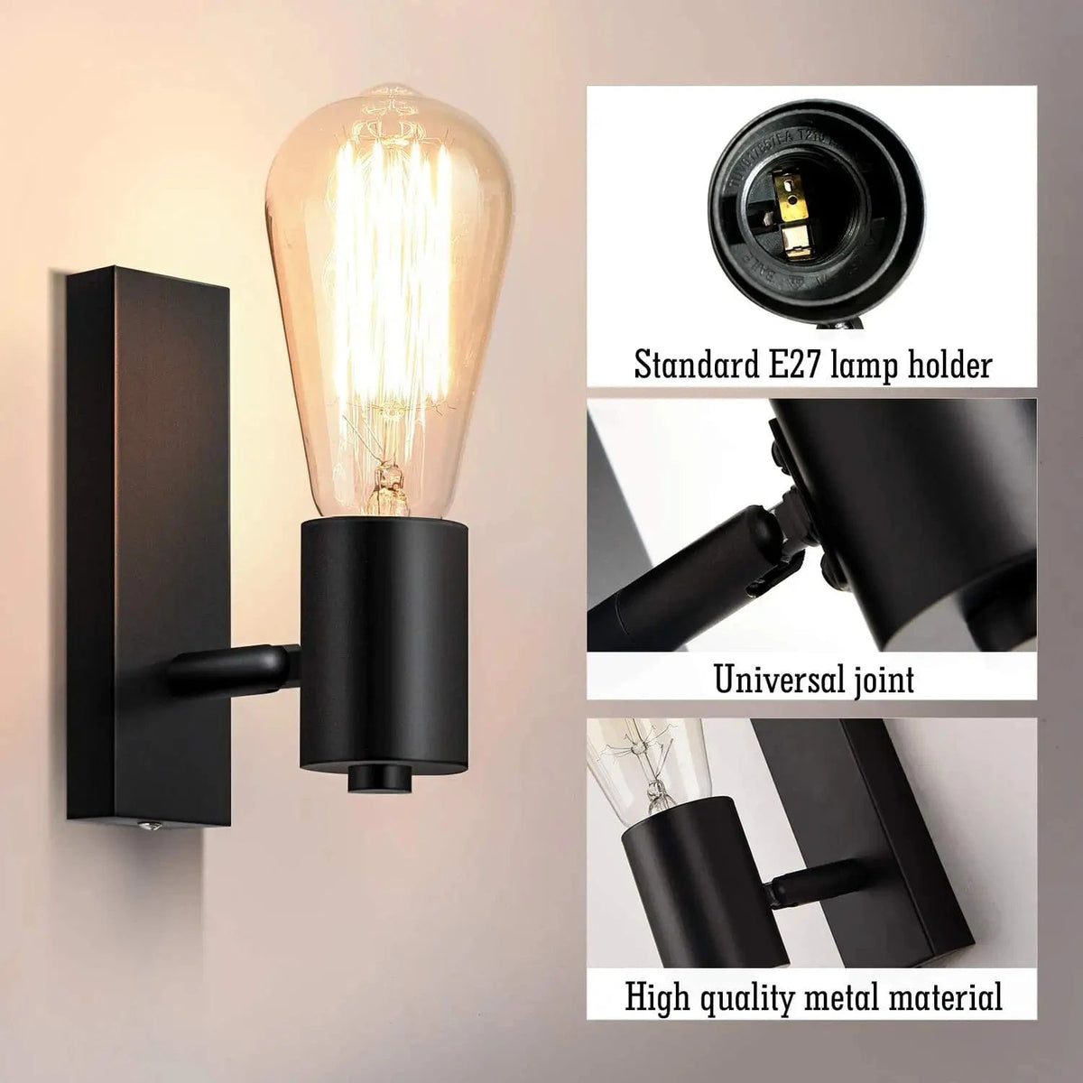 Applique Vintage 350 ° rotation métal noir E26 E27 pour une décoration moderne des espaces intérieurs | Marco Lucetti