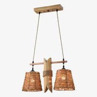 Suspension rustique LED avec abat-jours en rotin - Éclairage chaleureux
