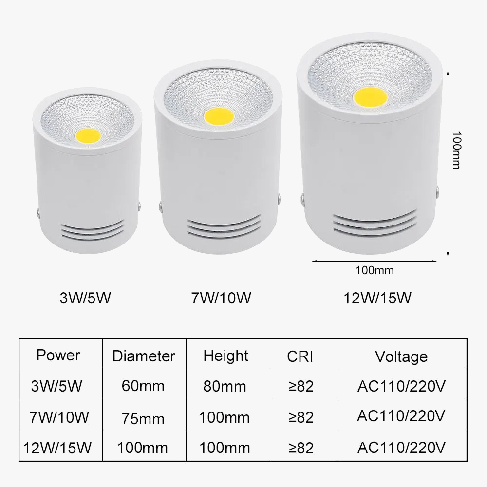 Spot Dimmable LED COB monté en Surface Downlight 3W/5W/7W/10W/12W/15W - Blanc/Noir - Design Premium