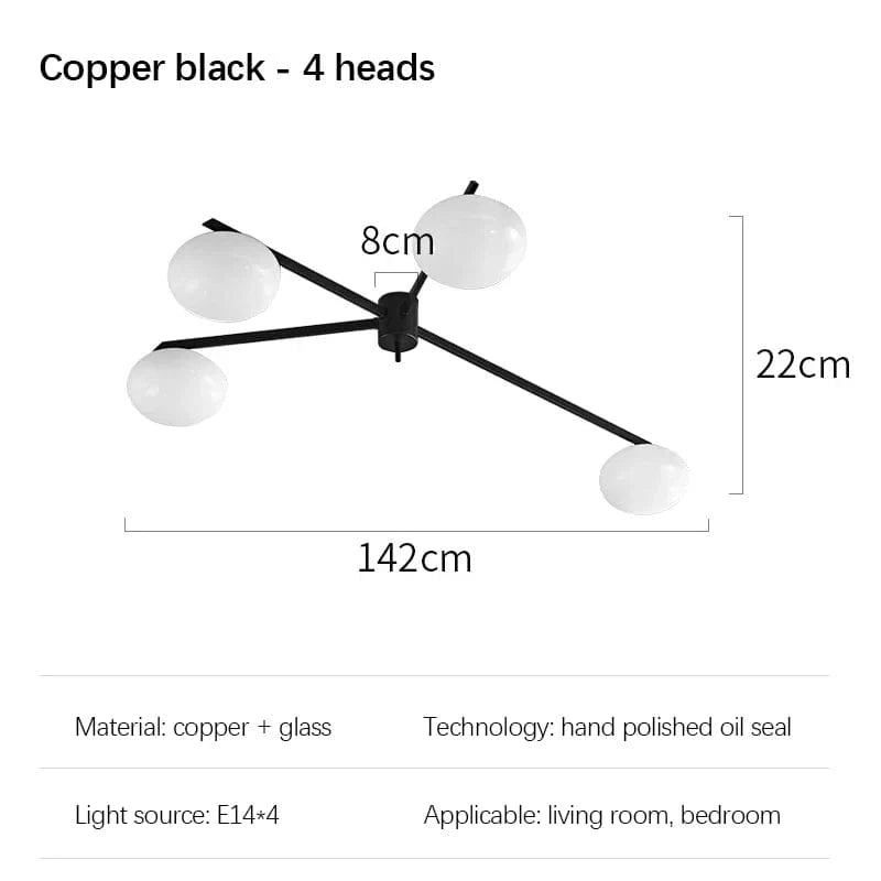 Galet Crème Suspension Luminaire LED en Verre Français Cuivre - Édition Luxe | Marco Lucetti Noir 4 têtes / 3 couleurs