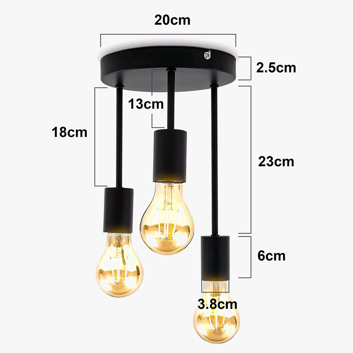 Grensk - Plafonnier Industriel Noir 3 Têtes Ampoules Luminaire Vintage Pour Cuisine Balcon Porche Salon
