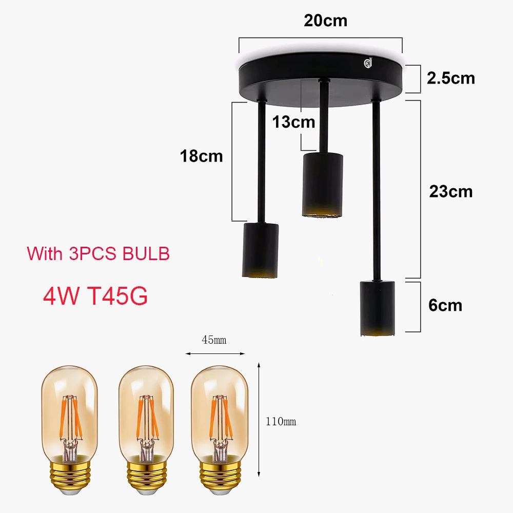 Grensk - Plafonnier Industriel Noir 3 Têtes Ampoules Luminaire Vintage Pour Cuisine Balcon Porche Salon