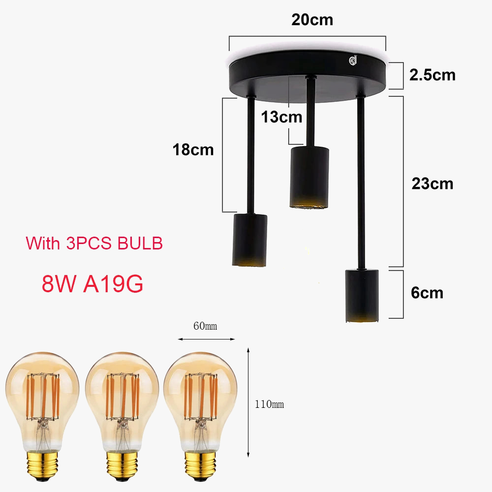 Grensk - Plafonnier Industriel Noir 3 Têtes Ampoules Luminaire Vintage Pour Cuisine Balcon Porche Salon