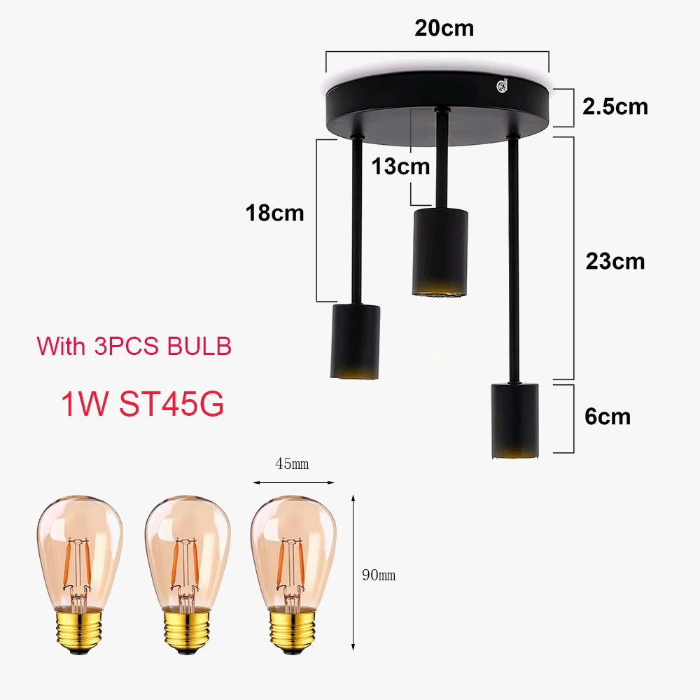 Grensk - Plafonnier Industriel Noir 3 Têtes Ampoules Luminaire Vintage Pour Cuisine Balcon Porche Salon