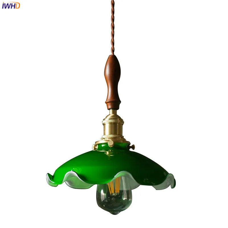 Suspension Vintage Américaine en Cuivre Bois Verre Edison
