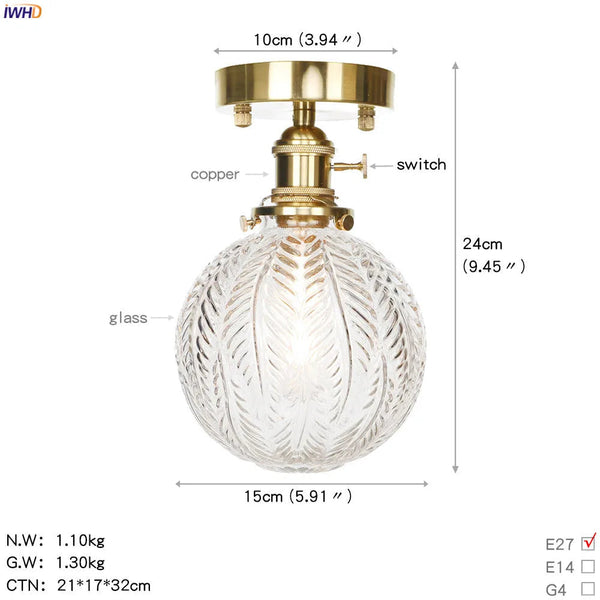 Plafonnier japonais nordique IWHD en cuivre avec boule de verre LED