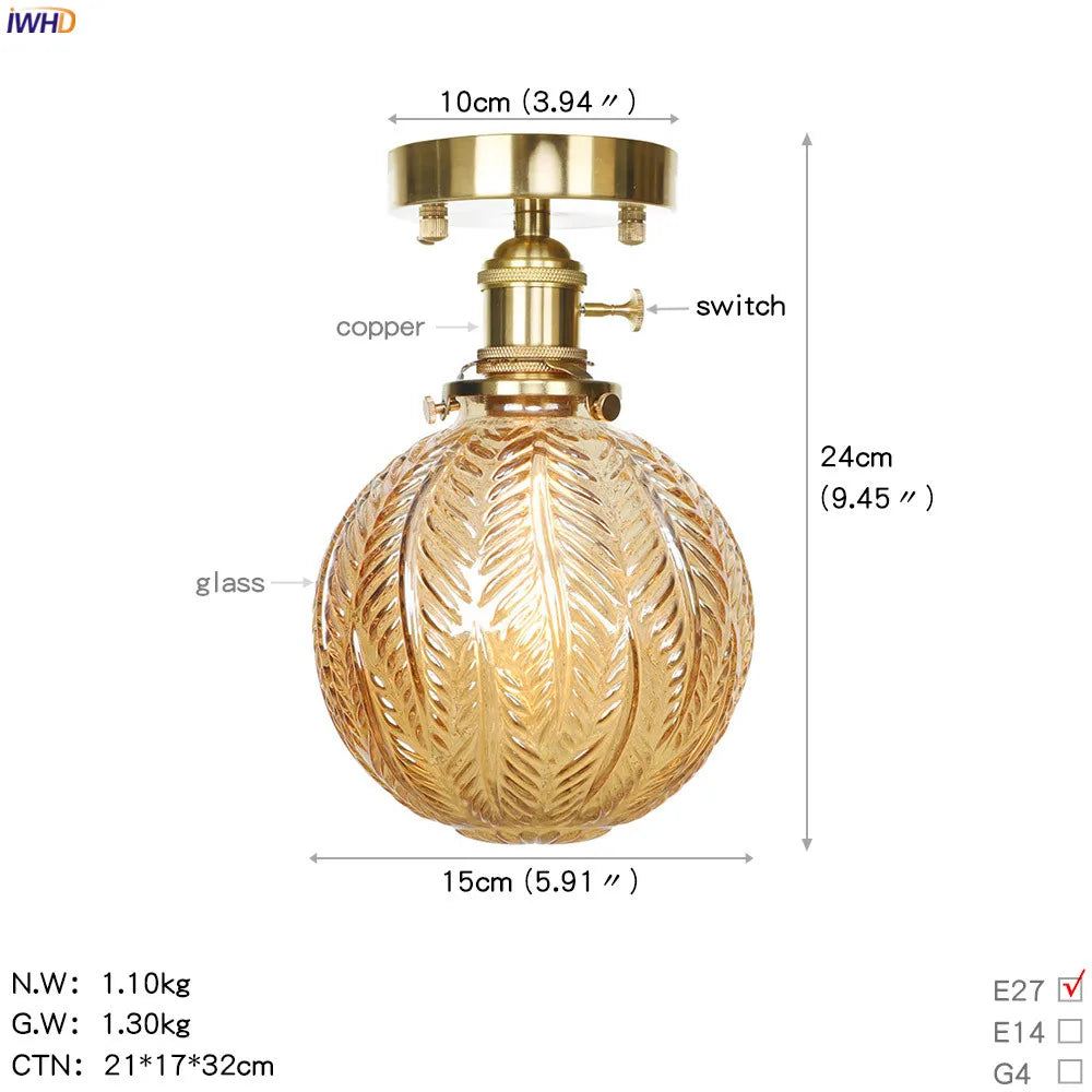 Plafonnier japonais nordique IWHD en cuivre avec boule de verre LED