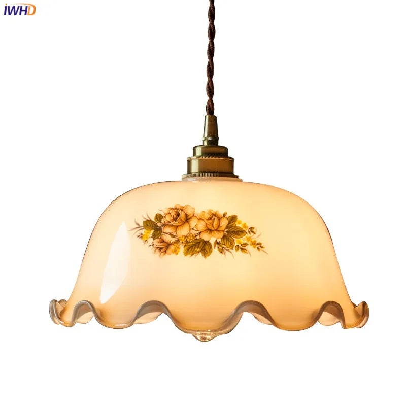 Suspension LED Vintage en verre avec motifs floraux pour intérieur