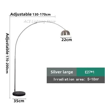 Lampadaire Arc Métallique Galvanisé LED | Marco Lucetti Argent grand / Socle en marbre noir / Interrupteur au pied
