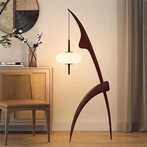 Lampadaire design en bois noyer avec lampe suspendue - Luxe contemporain | Marco Lucetti