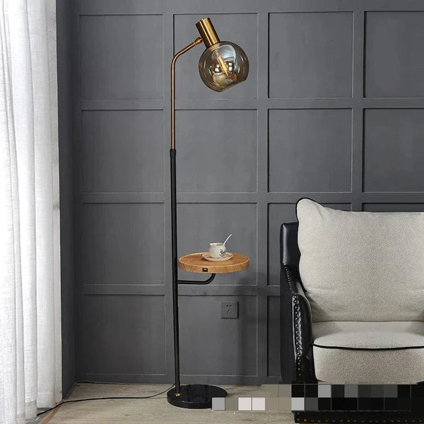 Lampadaire LED Ambre Verre Marbre avec Base en Bois pour Salon et Chambre | Marco Lucetti