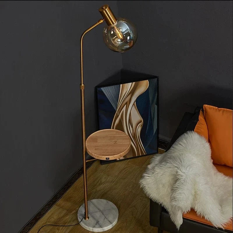 Lampadaire LED Ambre Verre Marbre avec Base en Bois pour Salon et Chambre | Marco Lucetti Style B / Lumière blanche