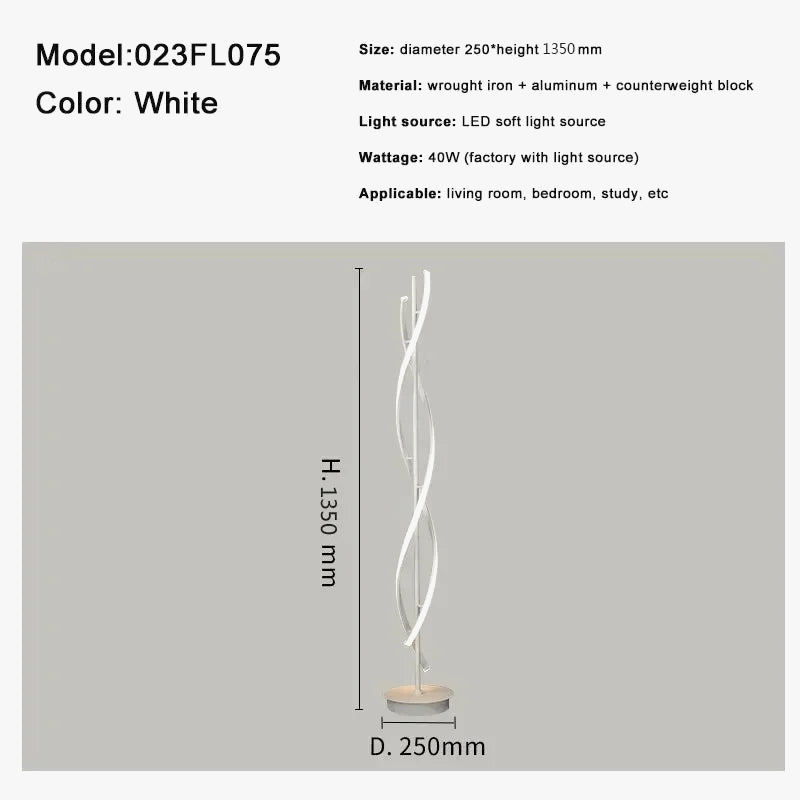 Lampadaire LED moderne en spirale en aluminium pour décoration intérieure - Idéal pour la chambre à coucher, le salon et la salle d'étude | Marco Lucetti