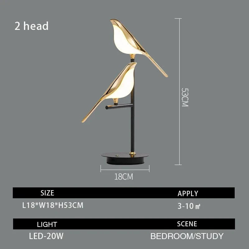 Lampadaire LED Nomi - Lampe Oiseau Postmoderne Galvanoplastie Doré - Design Luxe | Marco Lucetti Table 2 têtes / Lumière neutre 4000K