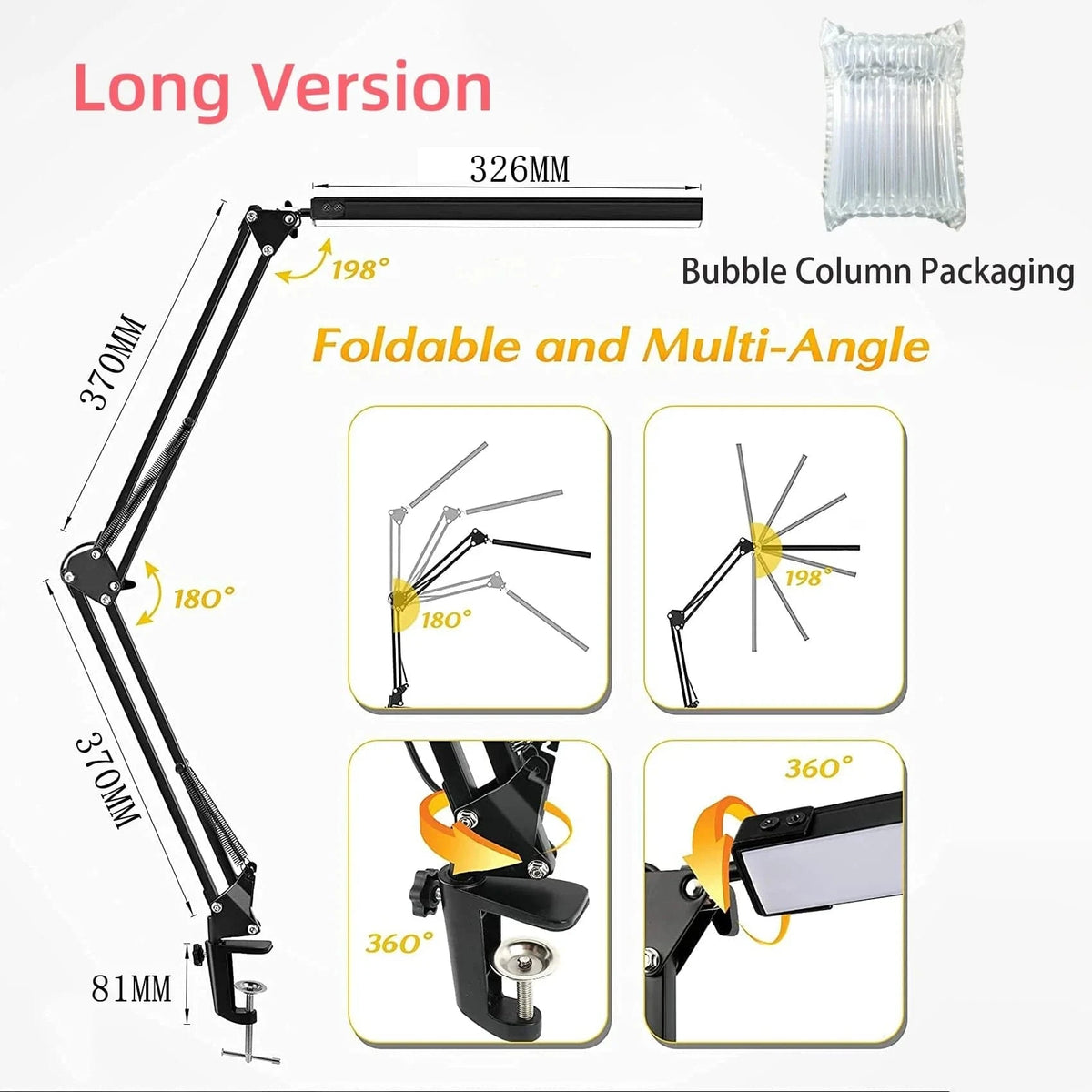 Lampe de bureau LED 10W avec pince | Marco Lucetti Long-Noir SANS BOÎTE