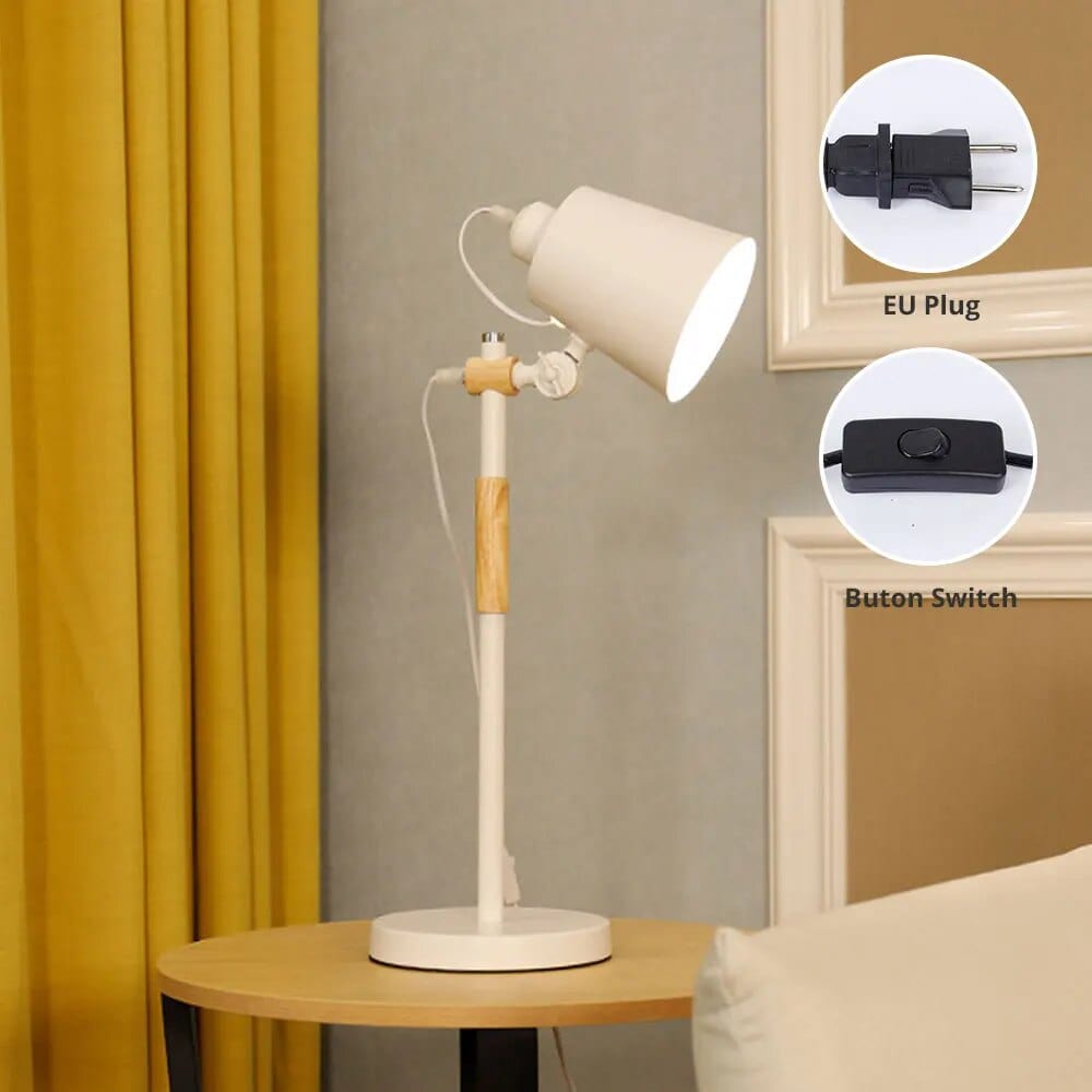 Lampe de bureau nordique en bois et métal | Marco Lucetti Prise UE blanche sans ampoule