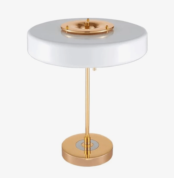Lampe de chevet design : doré avec abat-jour blanc.