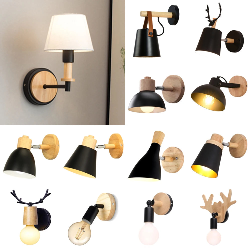 Applique murale nordique en bois avec abat-jour métal